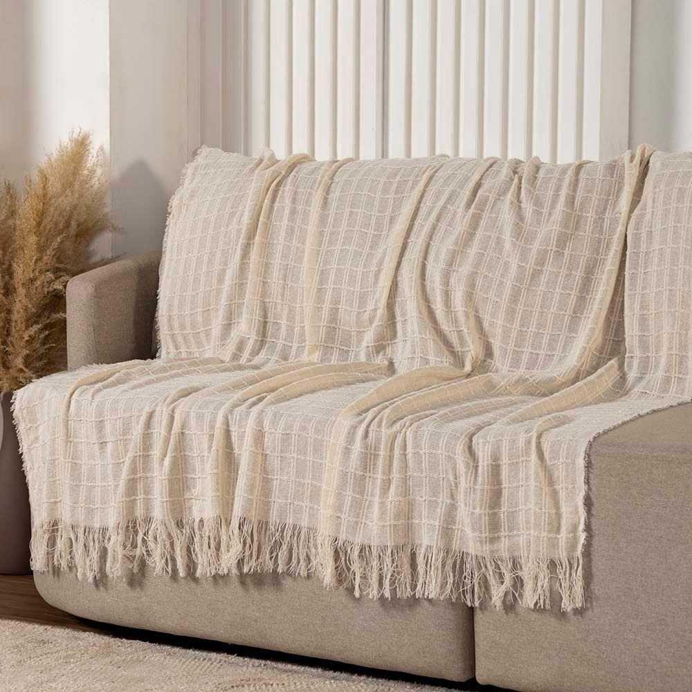 Manta Xale Rubi 1,70m X 1,40m Com Franja Para Sofá Cama 100% Algodão 01 Peça - Marfim
