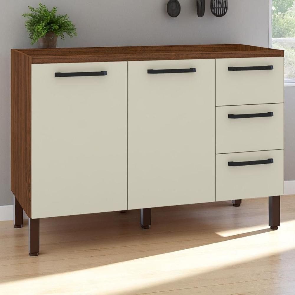 Balcão 2 Portas 3 Gaveteiros 1,20 Ametista Nogueira Off White