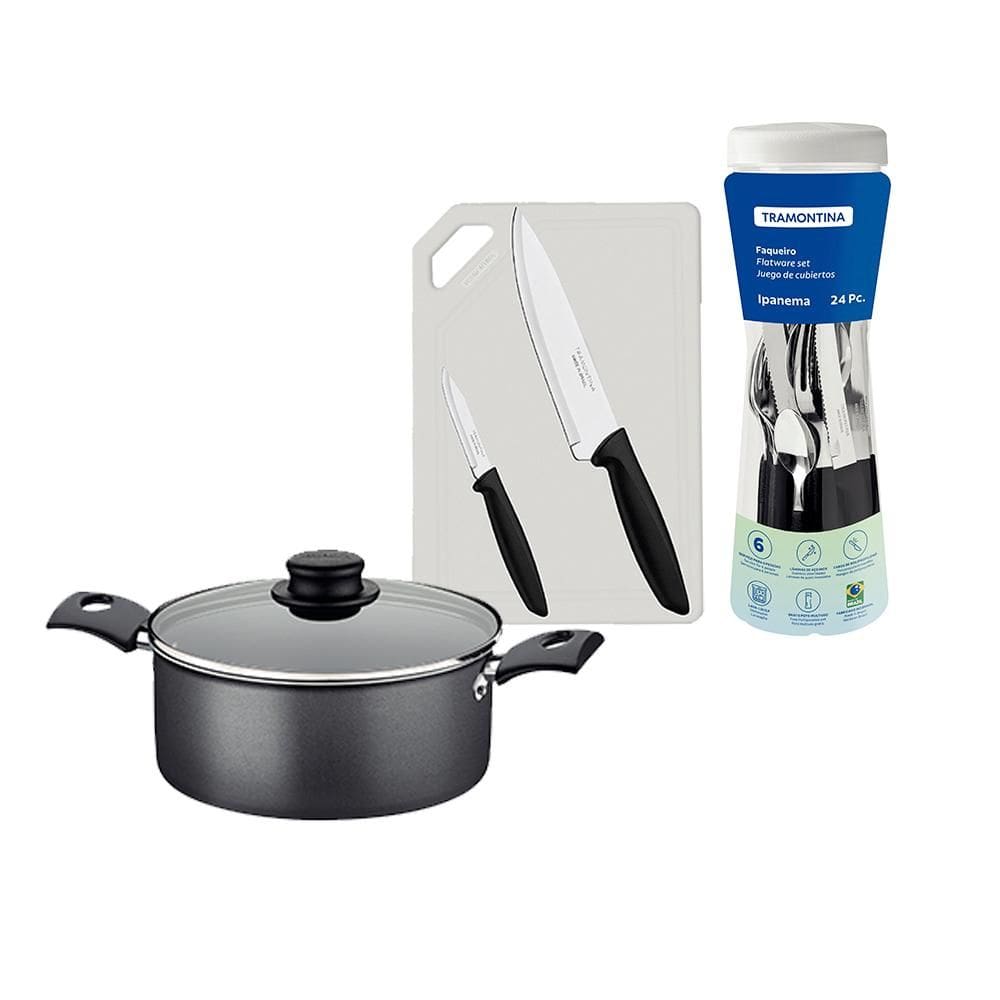 Caçarola Turim Alumínio grafite Antiaderente 2,0l + Faqueiro Ipanema 24pc + Tábua e Facas - Tramontina