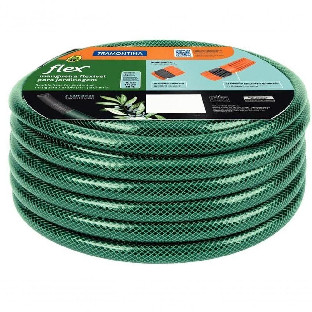 Mangueira Flex Tramontina Em Pvc Verde 3 Camadas 25m Com Engate Rosqueado E Esguicho