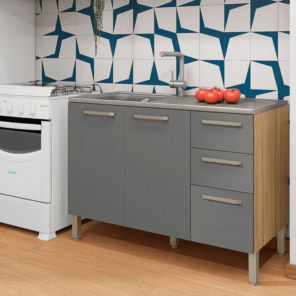 Balcao 3 Portas C/ 2 Gaveteiro 1,20 Mad Versalhes C/ Tampo Freijó Gris