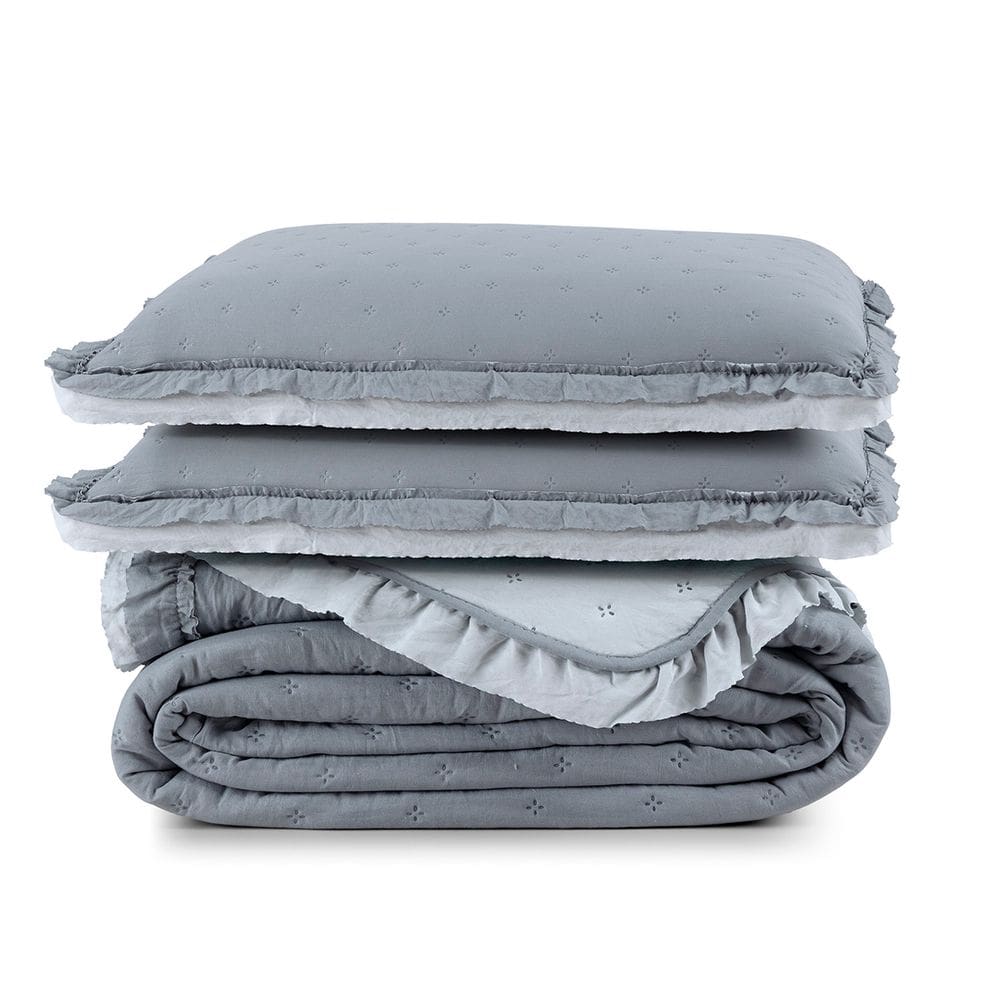 Cobre Leito Casal Micropercal 200 Fios com Babado Malvinni Cinza - 3 Peças