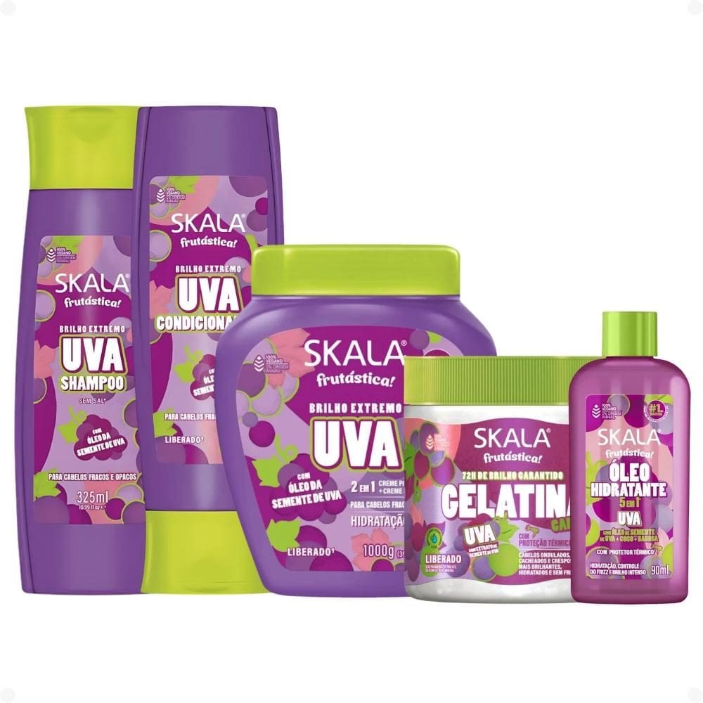 Kit Skala Frutástica Uva: Shampoo, Condicionador, Creme Tratamento 1000g, Gelatina e Óleo Hidratante 90ml