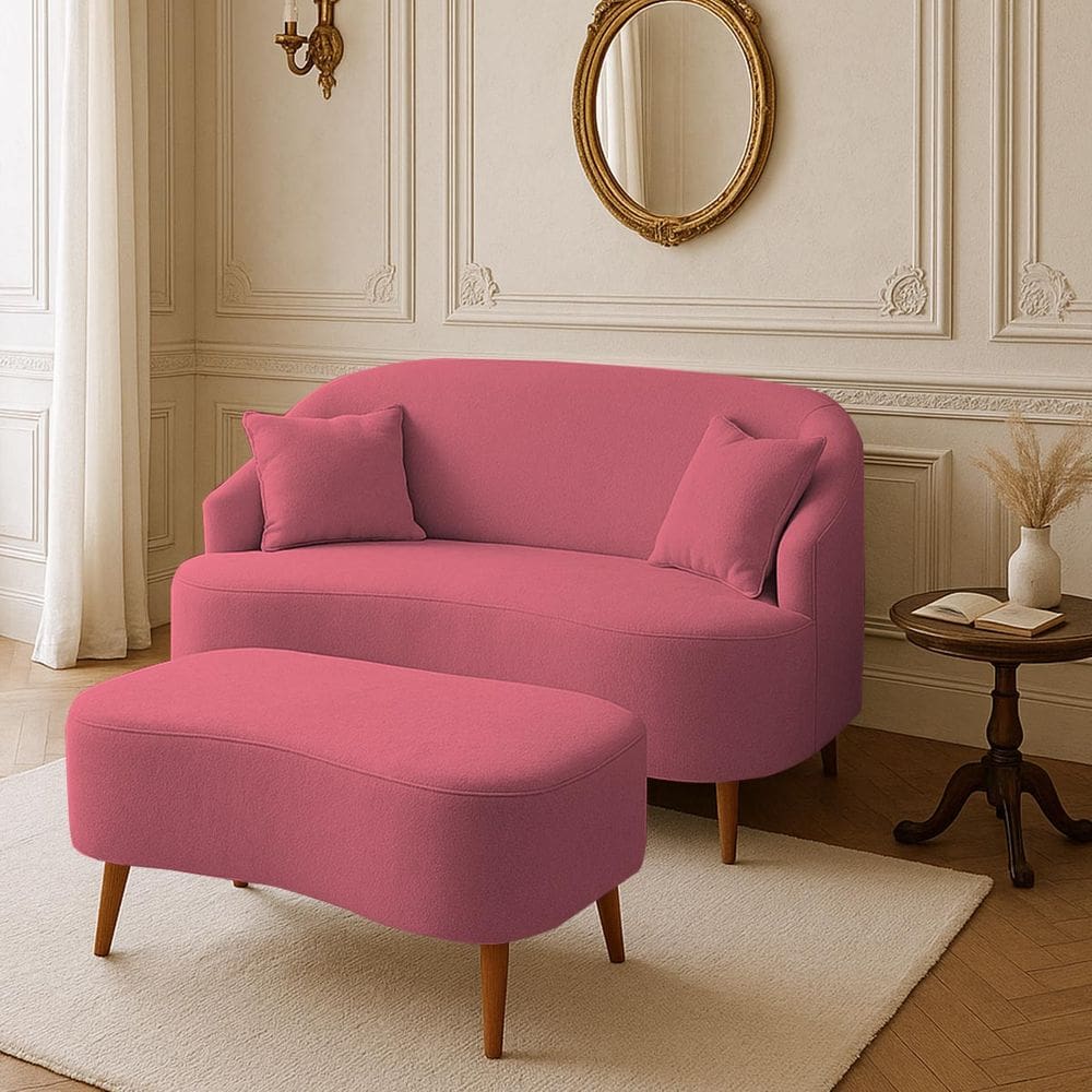 Conjunto Sofá Curvo Orgânico Malu + 01 Puff Suede Rosa