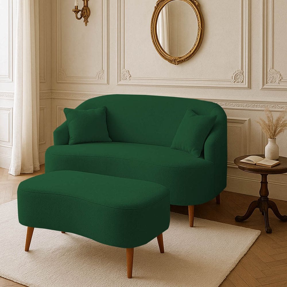 Conjunto Sofá Curvo Orgânico Malu + 01 Puff SuedeVerde