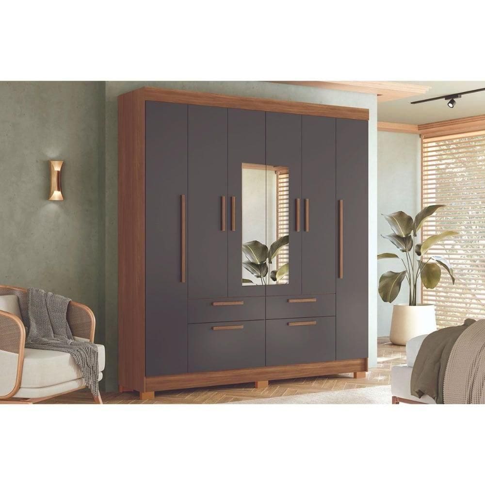 Guarda Roupa Casal 6 Portas (2 C/ Espelho) E 4 Gavetas C/ Pés Guarapuava 6.4 Jatobá/grafite - Santos Andirá