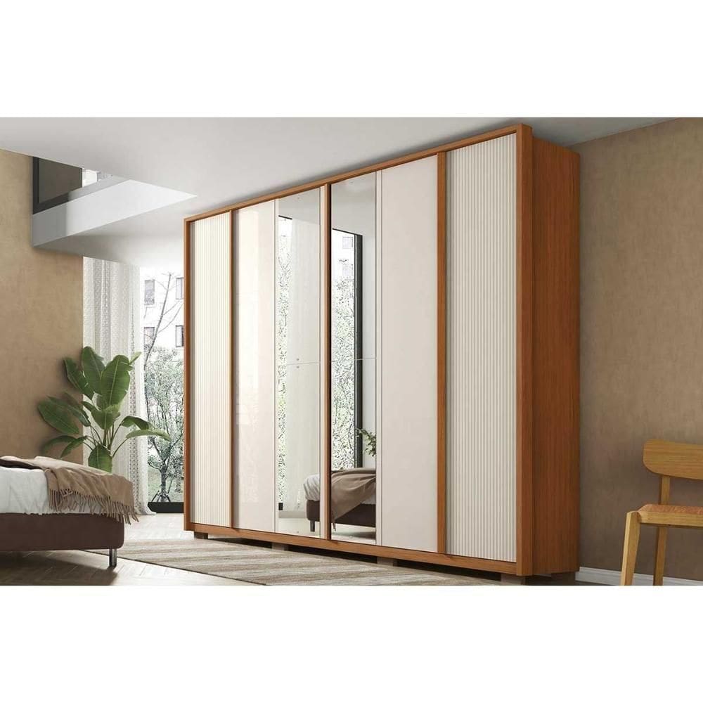 Guarda Roupa Casal 6 Portas (2 C/ Espelho) E 4 Gavetas Cleo Lux Freijo/off White Mr - Caemmun