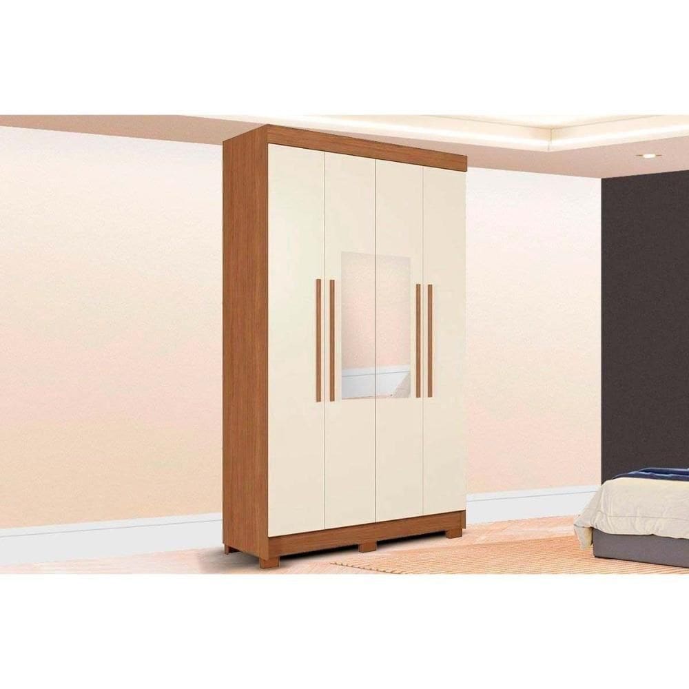 Guarda Roupa Solteiro 4 Portas (2 C/ Espelho) E 2 Gavetas C/ Pés Sarandi Jatoba/areia - Santos Andirá