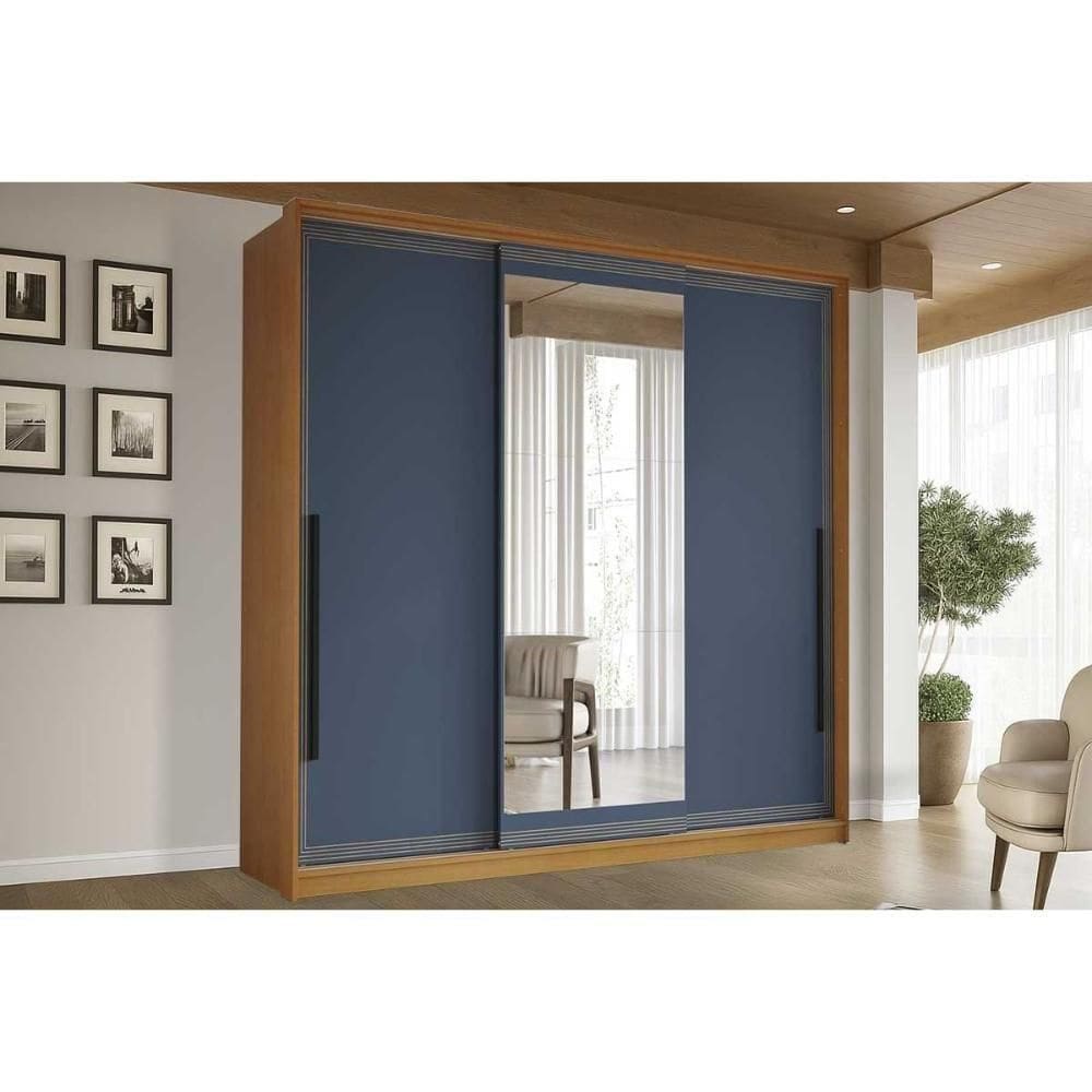 Guarda Roupa 3 Portas De Correr (1 C/ Espelho) E 4 Gavetas Valência Freijo/azul - Politorno
