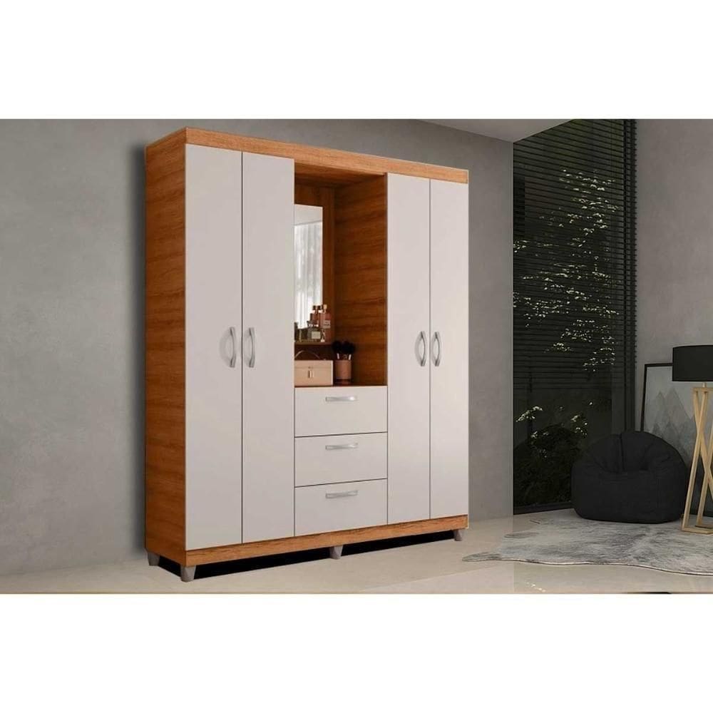 Guarda Roupa 4 Portas E 3 Gavetas C/ 1 Espelho Clapton Freijo/off White - Caemmun