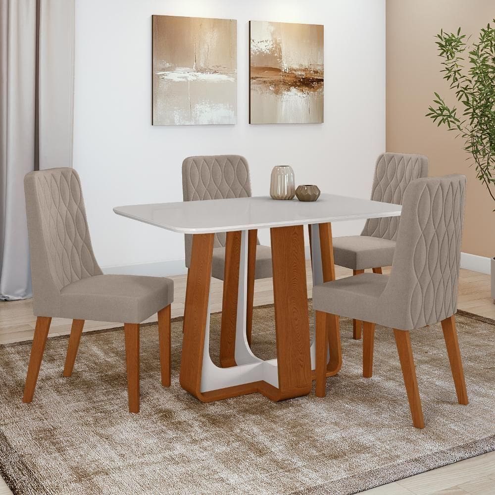 Conjunto Sala De Jantar Mesa Easy Pop 120x80cm Tampo Vidro/mdf Com 4 Cadeiras Seat Suede Animale Bege Frassino/off White