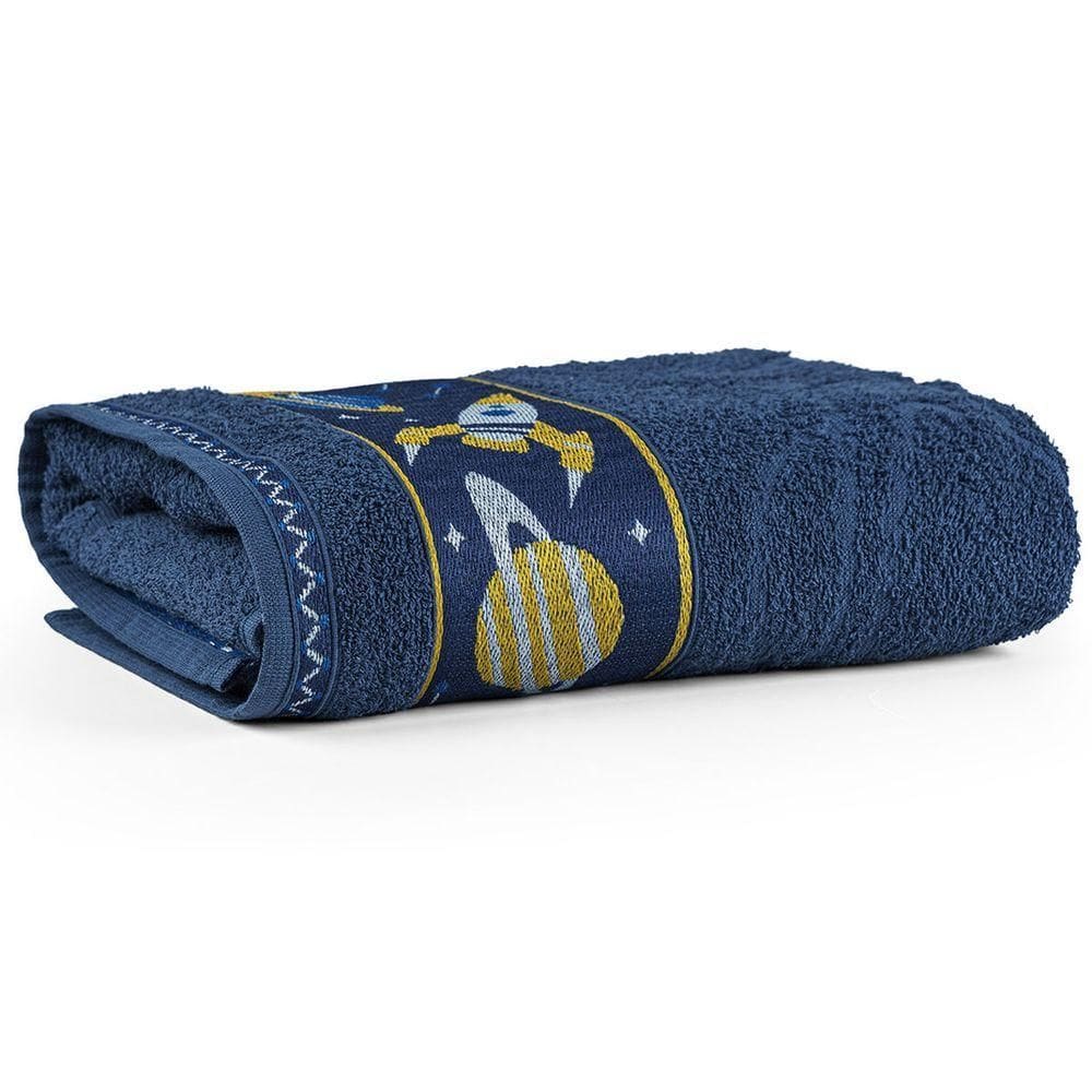 Toalha De Banho Avulsa Minimi Infantil 100% Algodão - 1,15m X 75cm - Galáxia - Azul Marinho