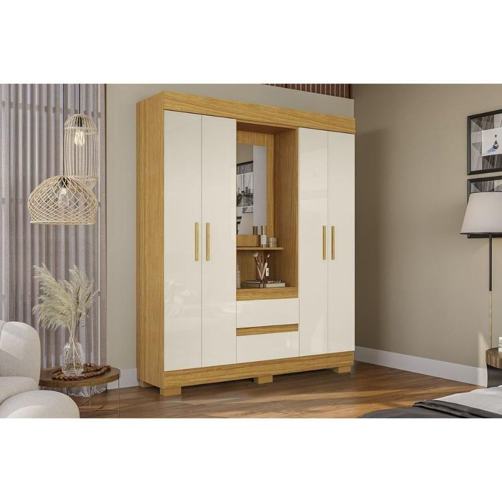 Guarda Roupa Solteiro 4 Portas E 2 Gavetas C/ 1 Espelho Isabely Nature/off White - Acp