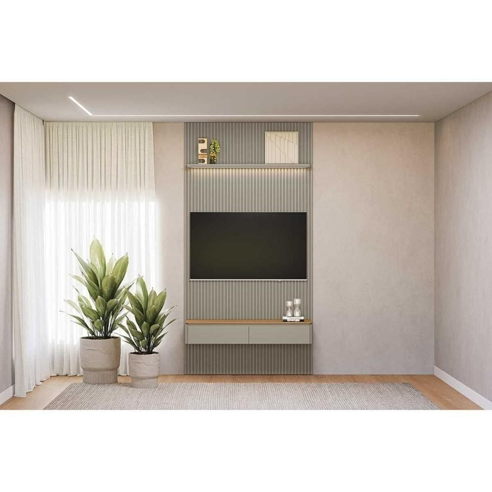 Rack Bancada C/ Painel P/ Tv Até 60 Pol Modular 1.4 Ripado 2 Portas 1 Prat. 141x250cm Tauari/gris Fosco - Linea Brasil