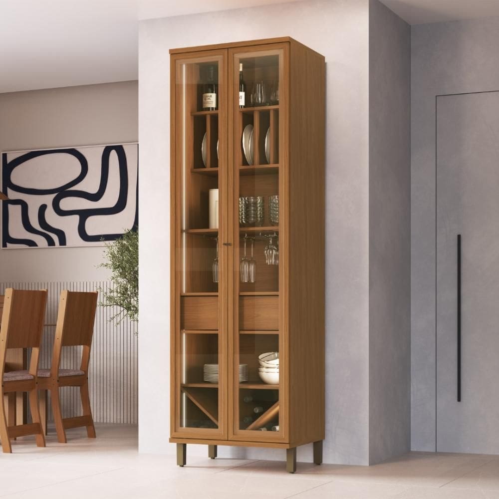 Cristaleira Fidelitá Barcelona Com Led 2 Portas Com Vidro 1 Gaveta 70cm Freijó