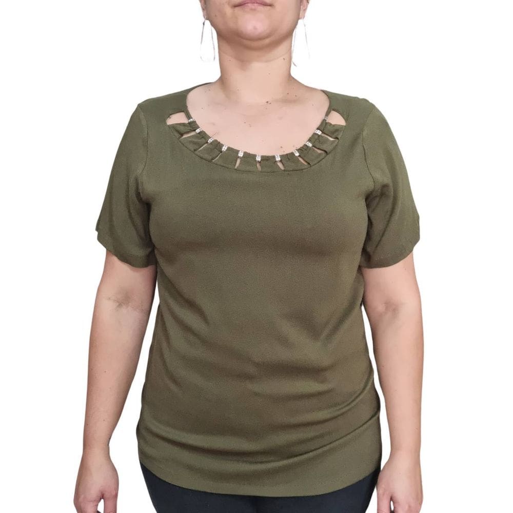 Blusa Feminina Raio De Luz Verde Gola Detalhada Strass
