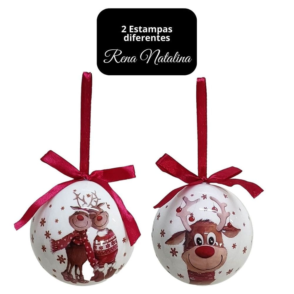 Jogo 2 Bolas de Natal Decoradas Branco Laqueado Rena Love Com Laço Vermelho 7,5cm