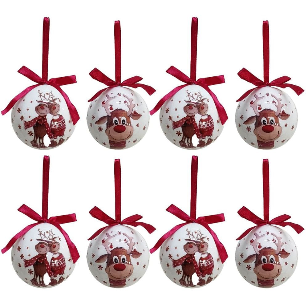 Kit 8 Bolas Natal Decoradas Brancas Estampa Rena Love e Laço Vermelho 7,5cm