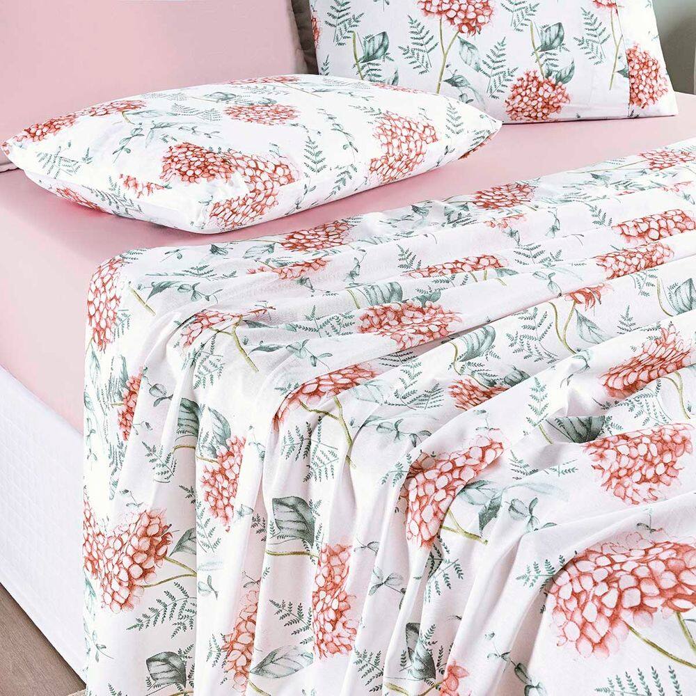 Jogo Cama Lençol Maris Queen Percalle 200 Fios Estampado 4 Peças Hortênsia Salmão