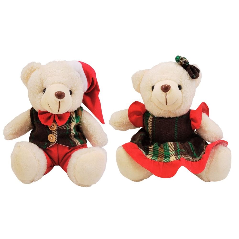 Jogo Casal Urso Pelúcia Natalino Creme Prime Roupa Xadrez Vermelho e Verde 20cm - Master Christmas