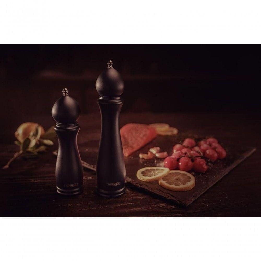 Moedor De Pimenta E Sal Tramontina Churrasco Black Em Cerâmica Com Recipiente De Madeira 10