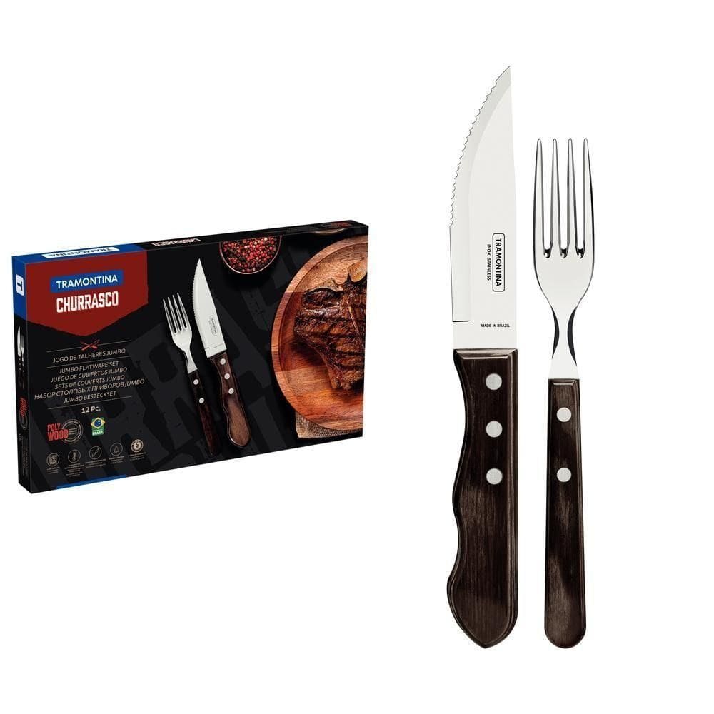 Jogo De Churrasco Inox Jumbo Tramontina Polywood Castanho 12 Peças