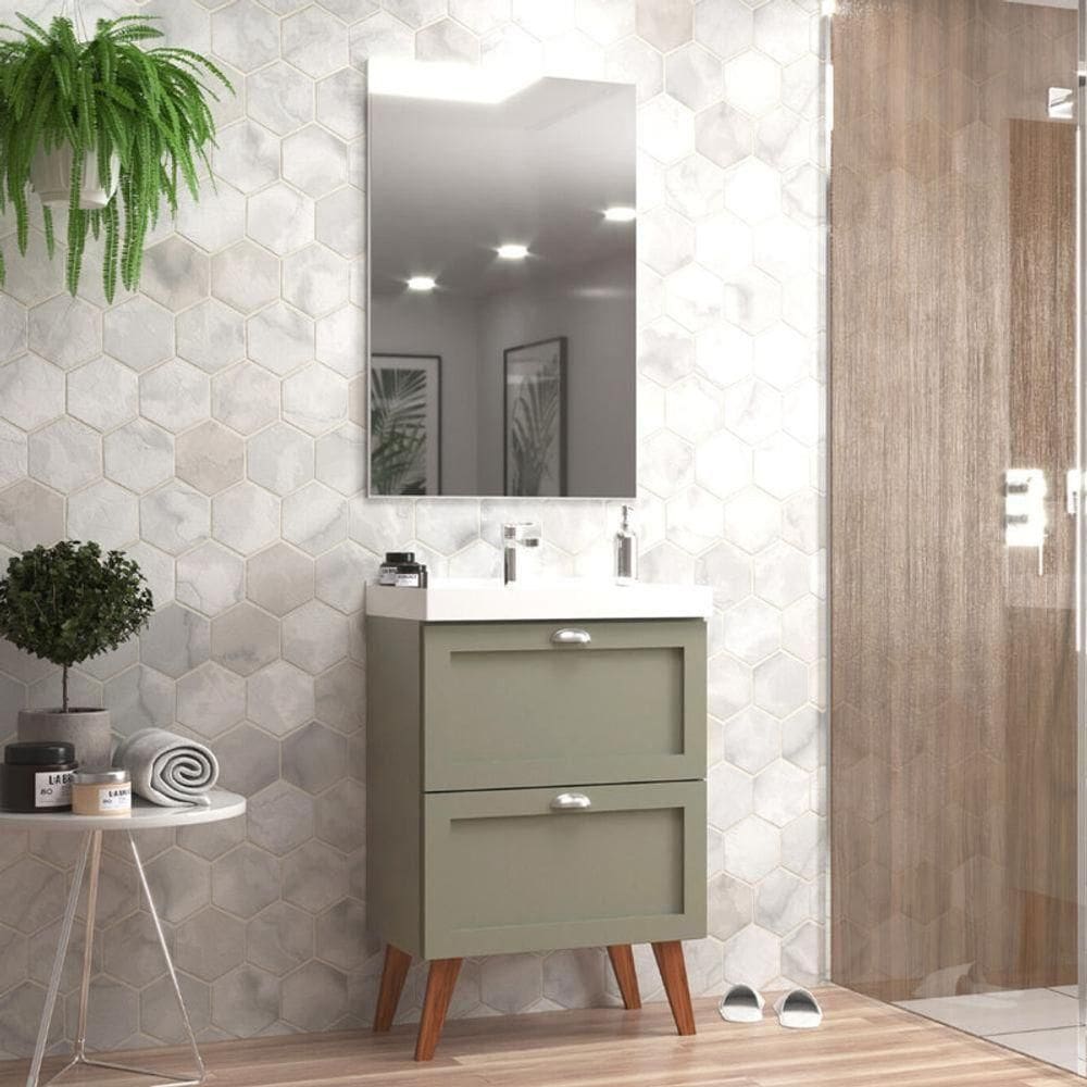 Gabinete Para Banheiro Com Cuba E Espelho 60cm Retro Mdf Verde Milano - On Móveis