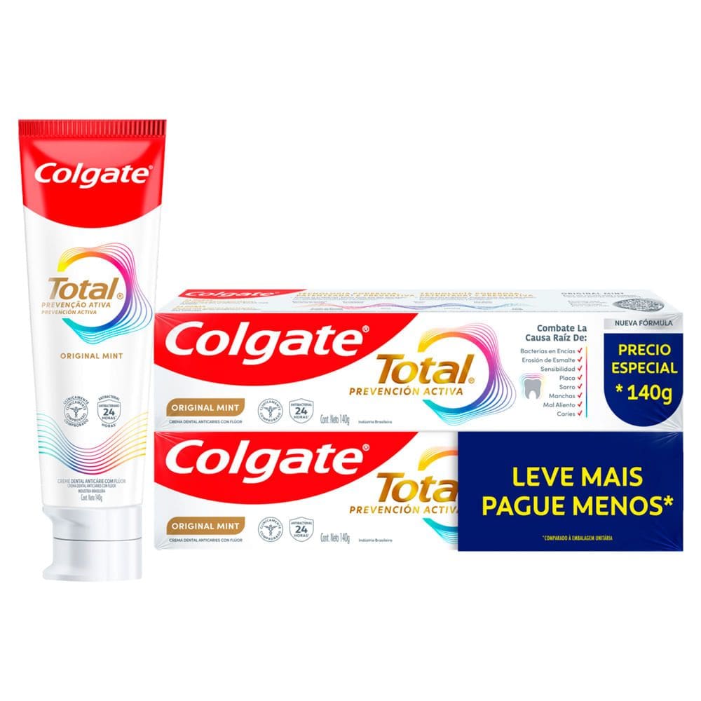 Creme Dental Colgate Total Prevenção Ativa autêntico Mint com 2 Unidades de 140g cada Leve Mais Por Menos