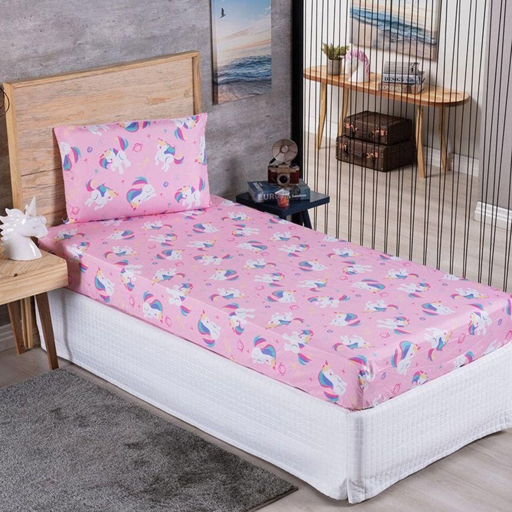 Jogo De Cama Lençol Solteiro Alegria 2 Peças Unicórnio Top - 100% Poliéster