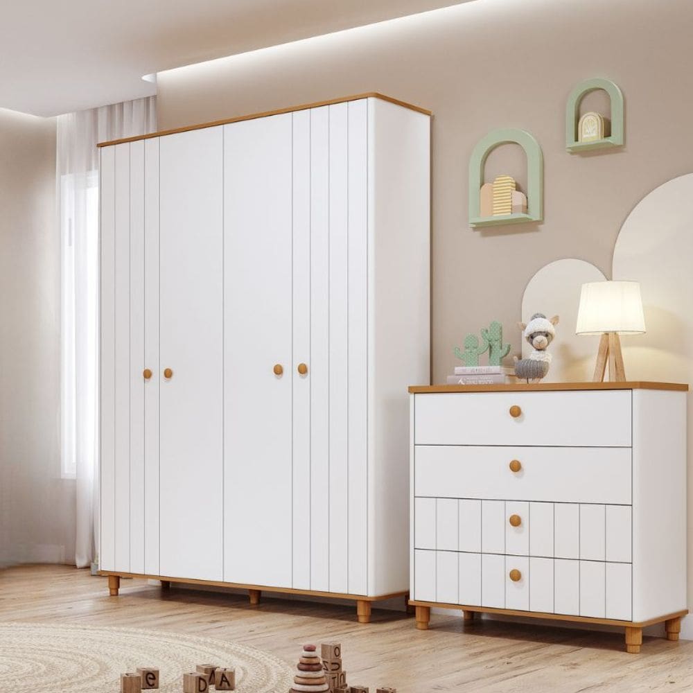 Quarto de Infantil Completo Guarda Roupa 4 Portas e Cômoda 4 Gavetas 100 MDFLívia Permobili