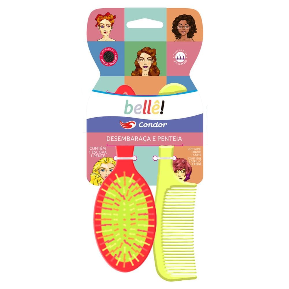 Kit Escova Almofadada Oval + Pente Mundo Condor Bellê