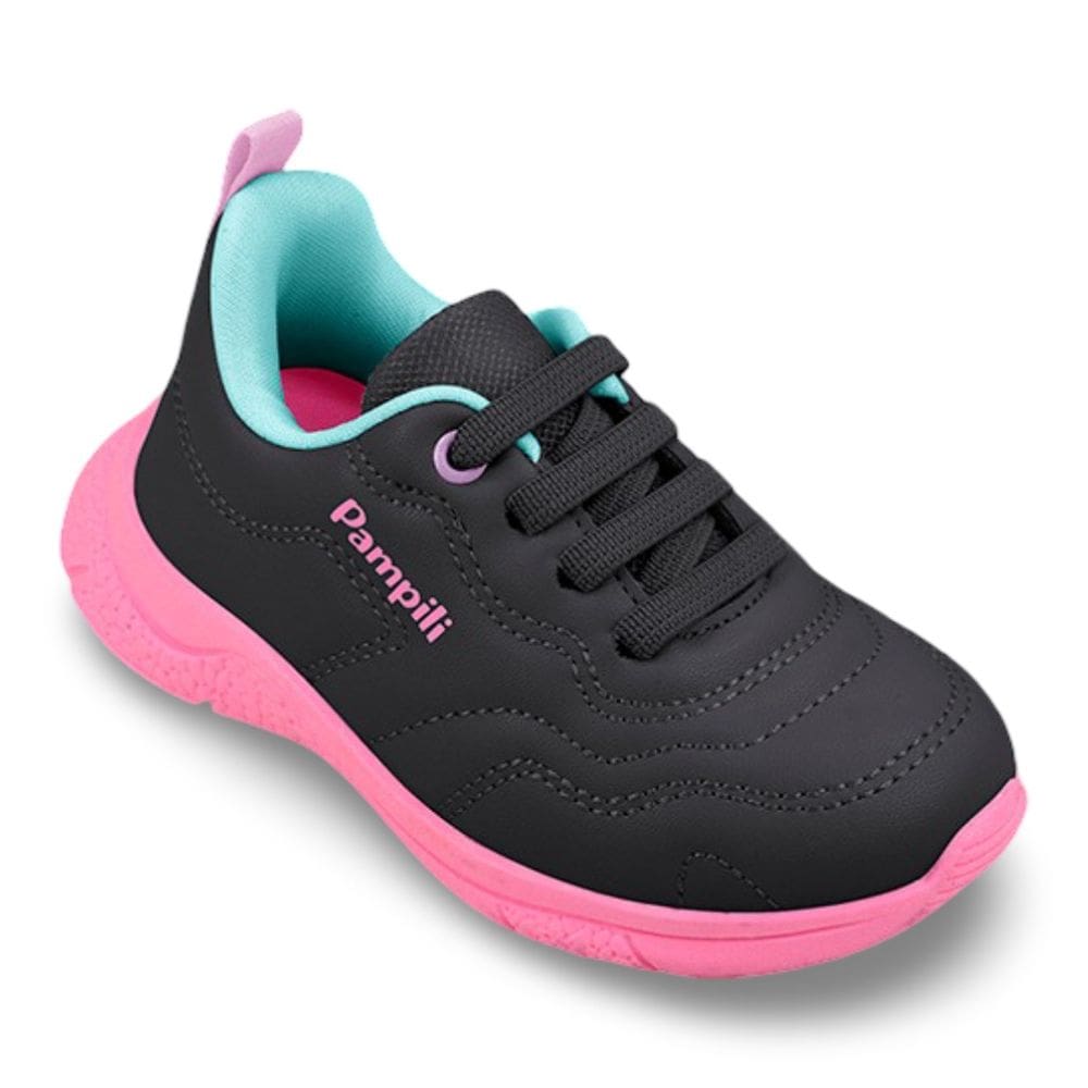 Tênis Infantil Menina Pampili Mini Soft Costura Preto Rosa