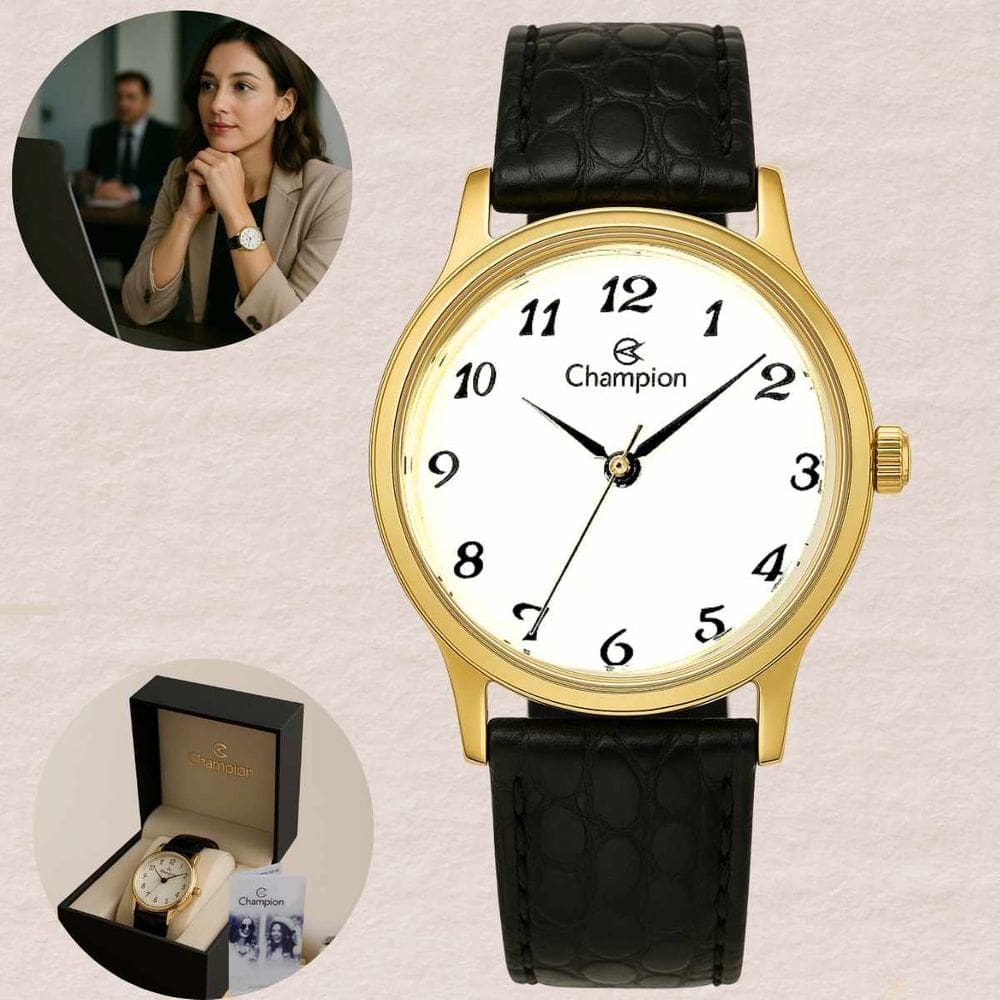 Relogio Champion Feminino CN28008B Pulseira Couro Preto Quartz Analogico Resistente Agua 5 ATM Social Dourado