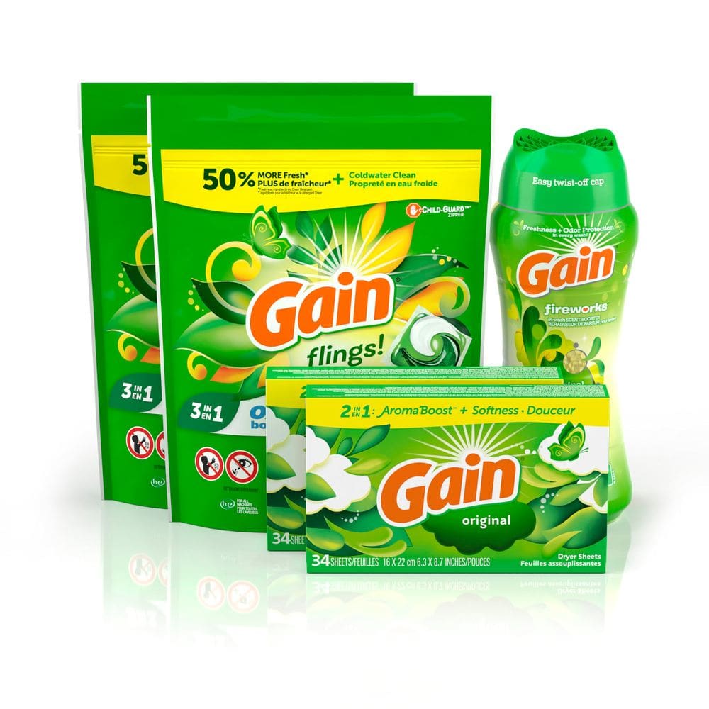Pacote de lavanderia Gain Flings Pacotes de detergente 2x31 ct + lençóis de secagem 2x34 ct + Fireworks Scent Booster Beads 360 ml