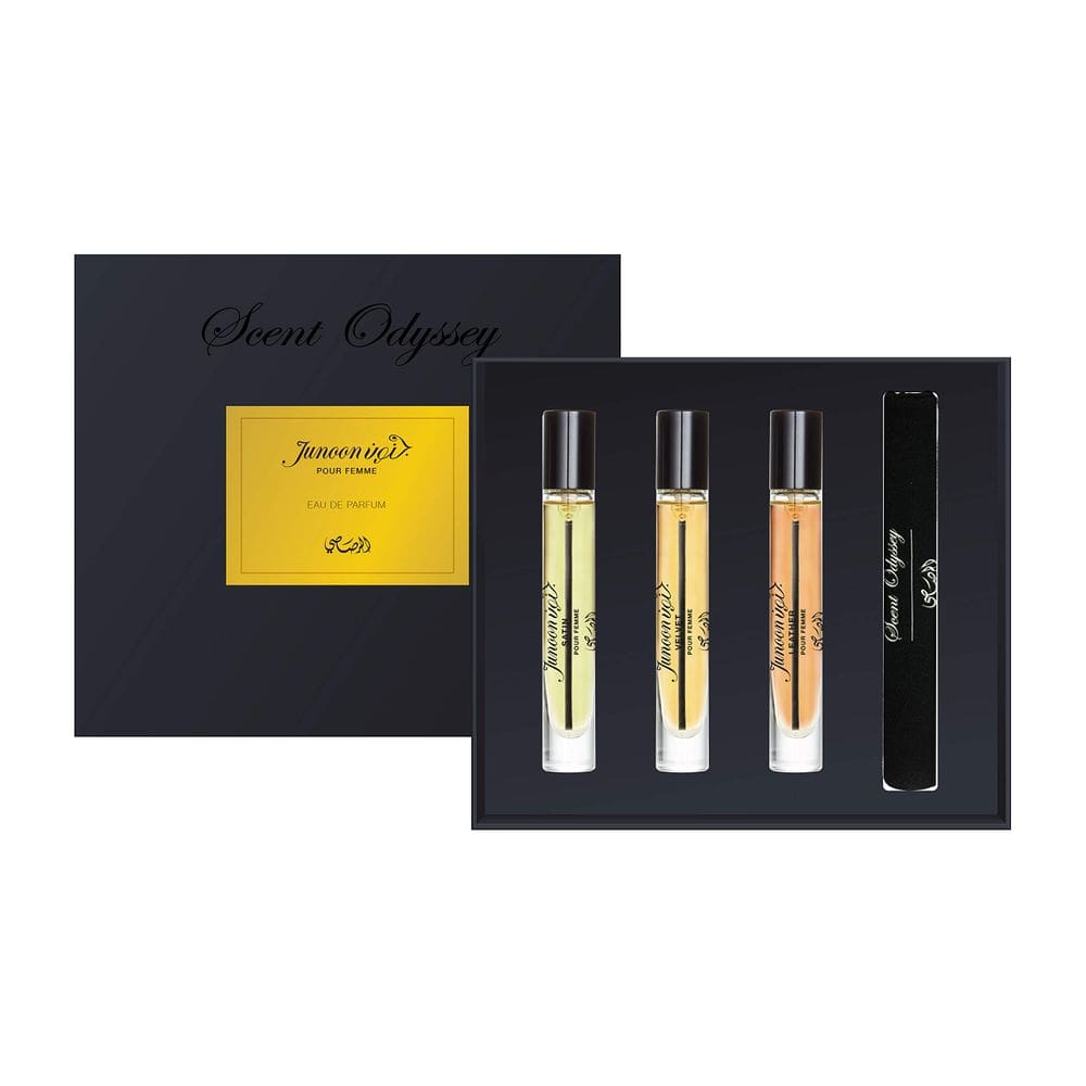 Conjunto de perfume de presente Rasasi Scent Odyssey Junoon para mulheres 7,5 ml x 3