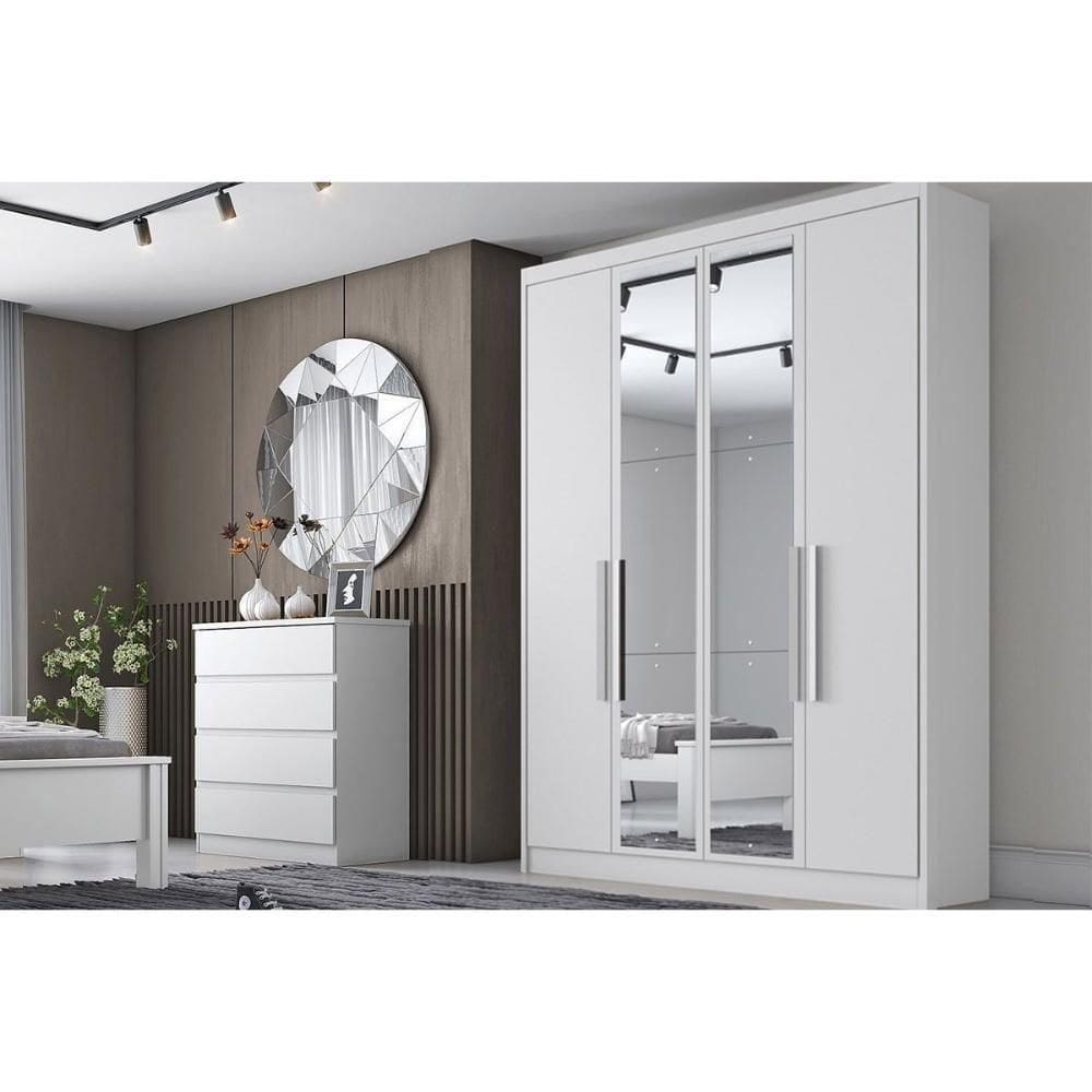 Guarda Roupa Solteiro 4 Portas E 3 Gavetas C/ Espelho Moderni/sevilha Plus Neve - Novo Horizonte