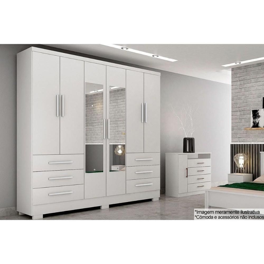 Guarda Roupa Solteiro 6 Portas (2 C/ Espelho) E 6 Gavetas C/ Pés Encanto/berlim Neve - Novo Horizonte
