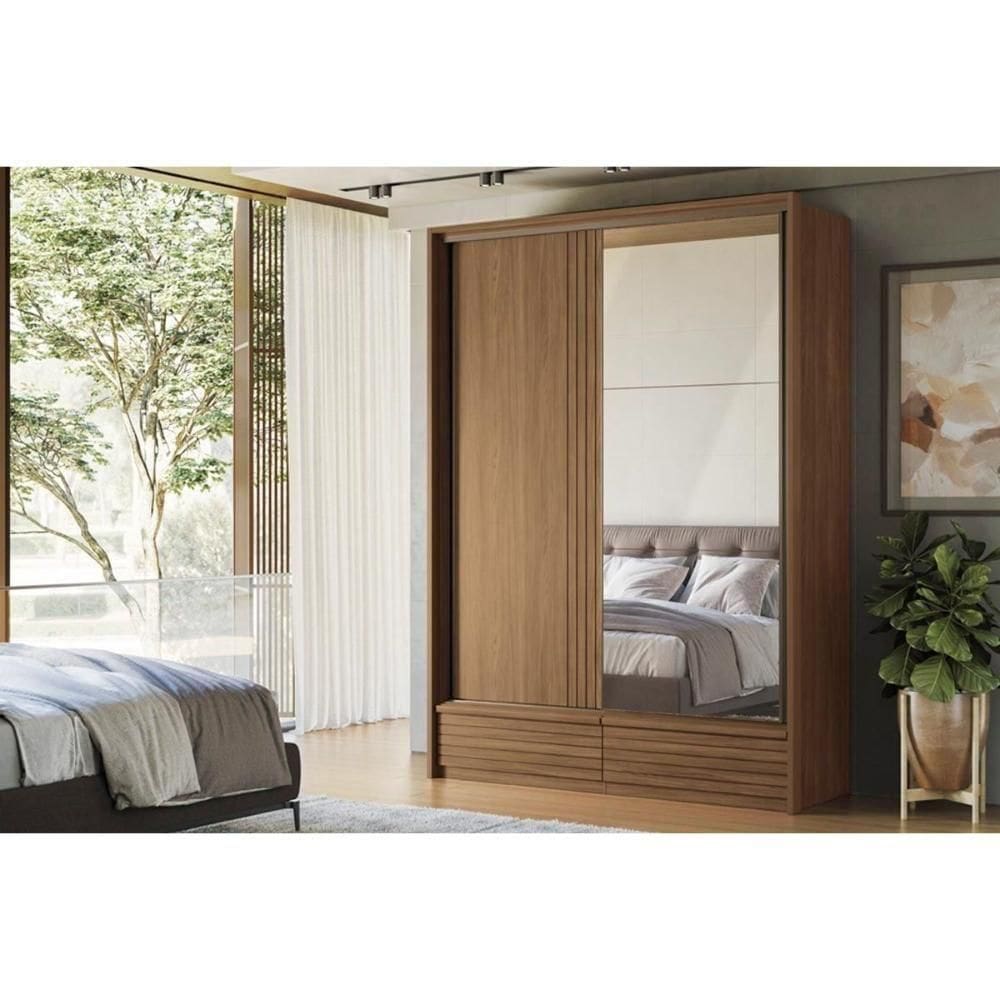 Guarda Roupa Solteiro 2 Portas De Correr (1 C/ Espelho) E 4 Gavetas Volpe Wood/terracota - Santos Andirá