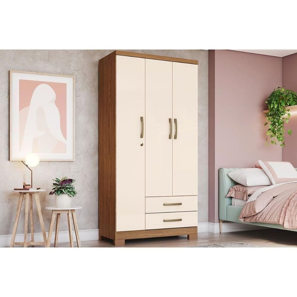 Guarda Roupa Solteiro 3 Portas E 2 Gavetas C/ Pés Açaí Da133 Nature/off White - Henn