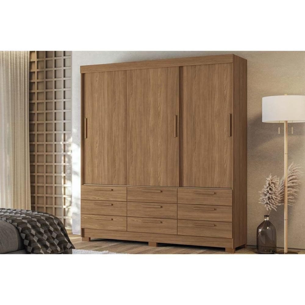 Guarda Roupa Casal 3 Portas De Correr E 9 Gavetas C/ Pés Morretes 3.9 Jatobá - Santos Andirá