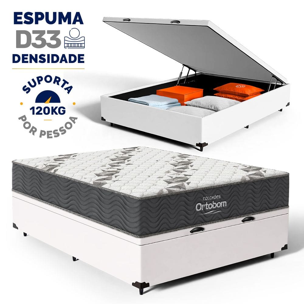 Cama Box Baú com Colchão de Espuma D33 Ortobom Airtech 100 Casal 138cm