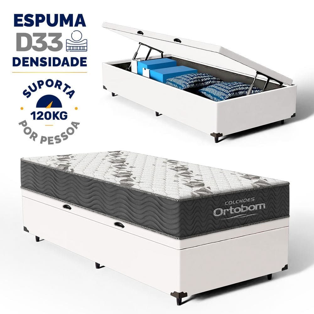 Cama Box Baú com Colchão de Espuma D33 Ortobom Airtech 100 Solteiro 88cm