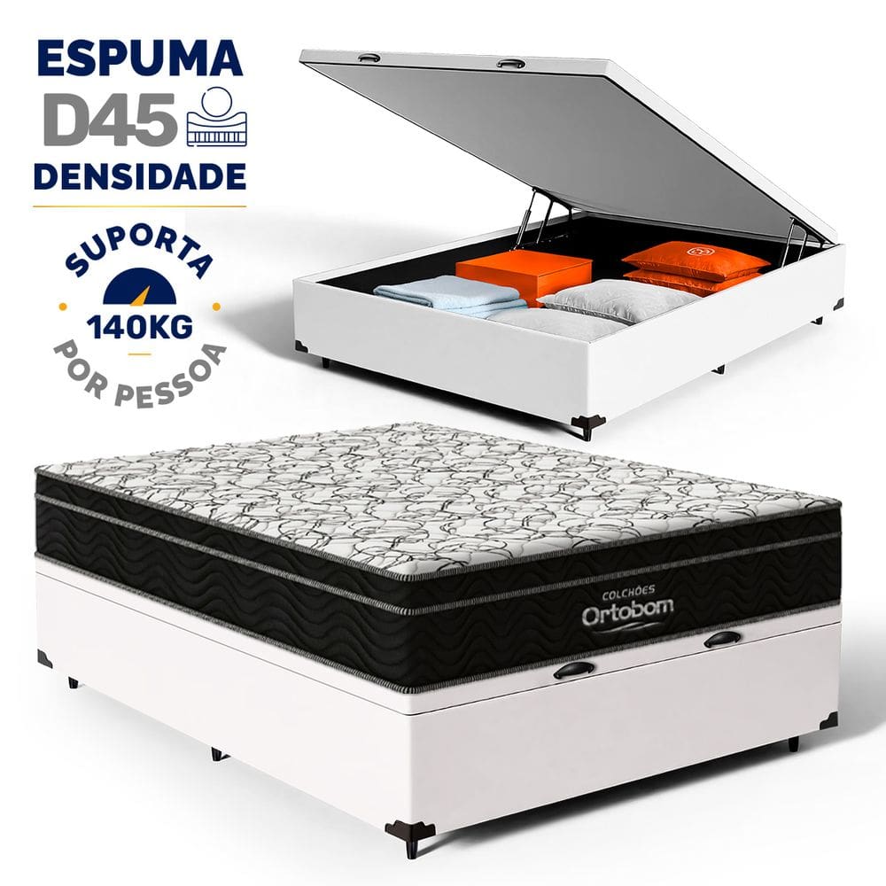 Cama Box Baú com Colchão de Espuma D45 Ortobom Airtech Ortopillow 150 Casal 138cm