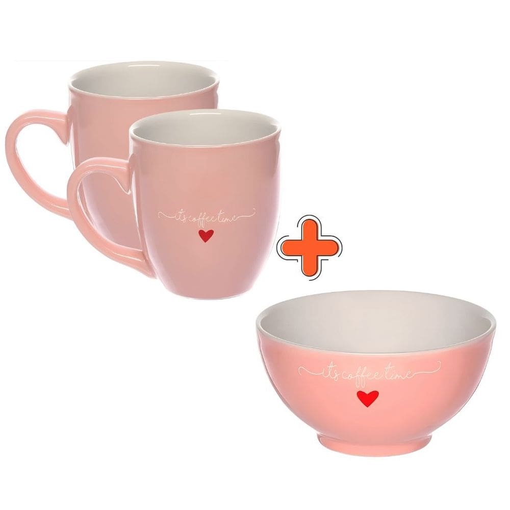 Kit com 2 Canecas 300ml + Tigela Bowl 440ml L`amour em Porcelana Rosa
