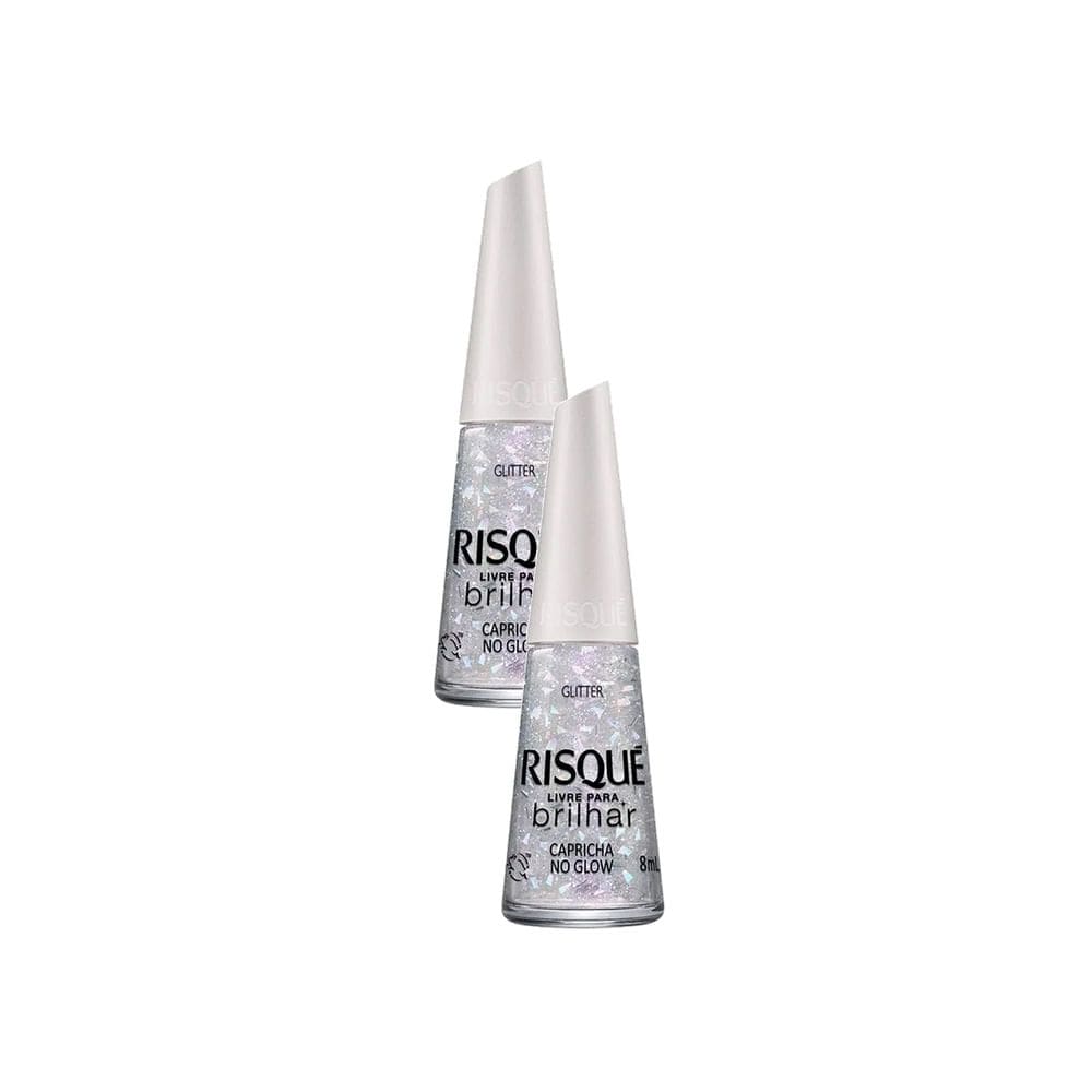 Kit 2 Esmalte Risqué Livre para Brilhar Glitter Prata Cor Capricha no Glow 8ml
