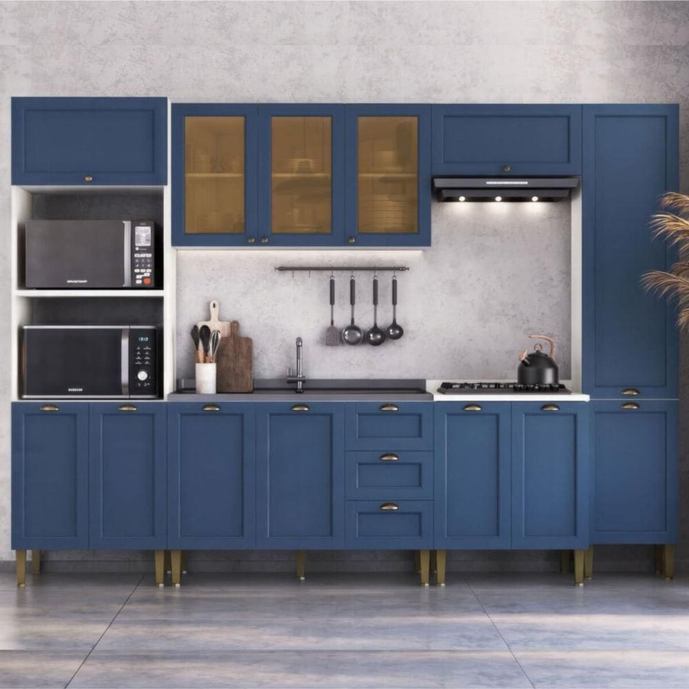 Armário Cozinha Americana Modulada Completa 305cm com Vidros Multimóveis CR20497