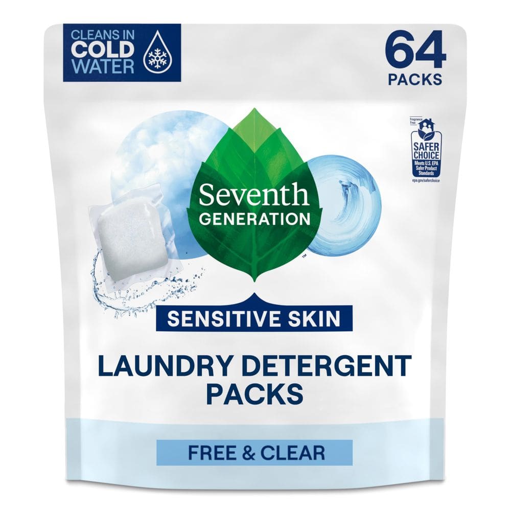 Pacotes de detergente para roupa de sétima geração, 64 unidades