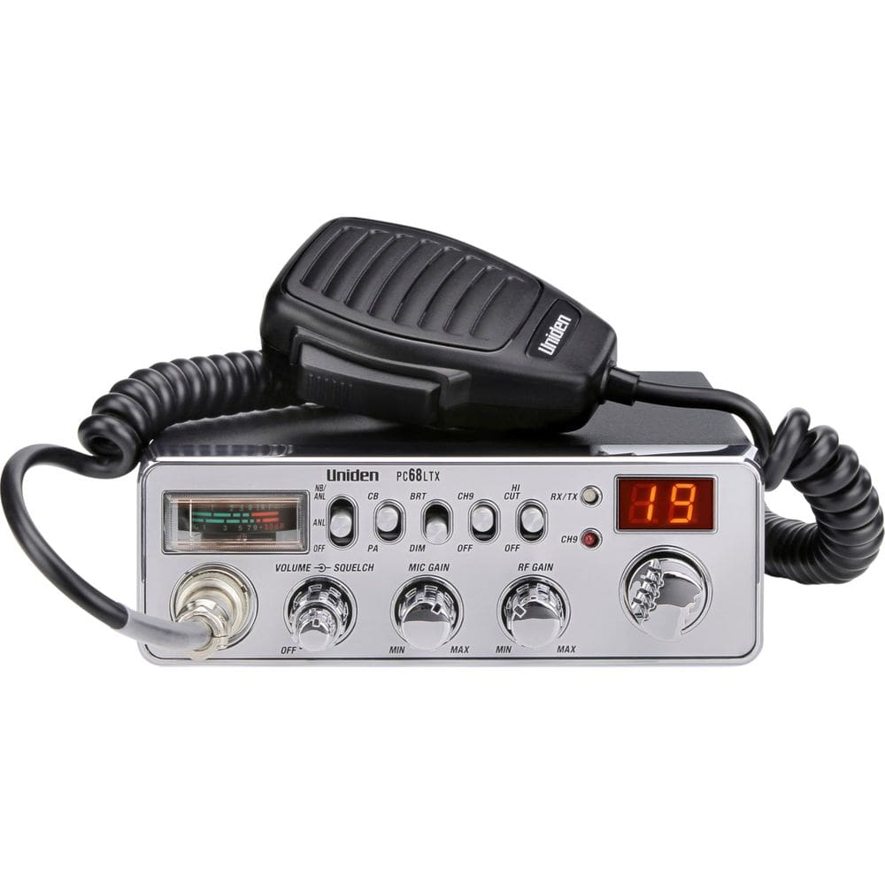 Rádio CB Uniden PC68LTX de 40 canais com interruptor PA/CB prateado