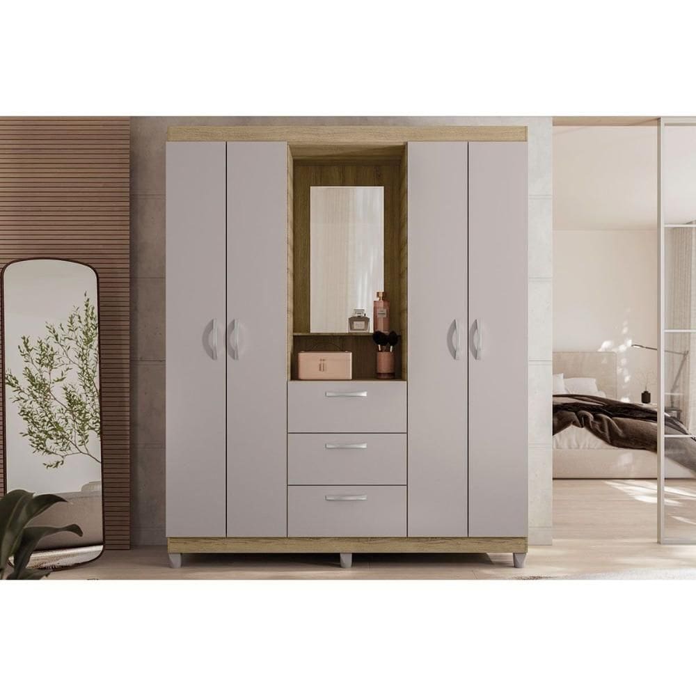 Guarda Roupa 4 Portas E 3 Gavetas C/ 1 Espelho Clapton Lamina Mel/cacao - Caemmun