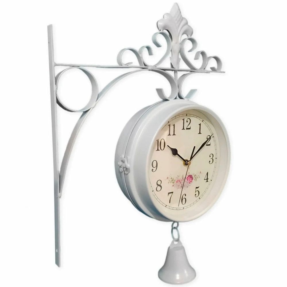 Relógio Retrô Com Sino Estação Trem Dupla Face Floral Branco
